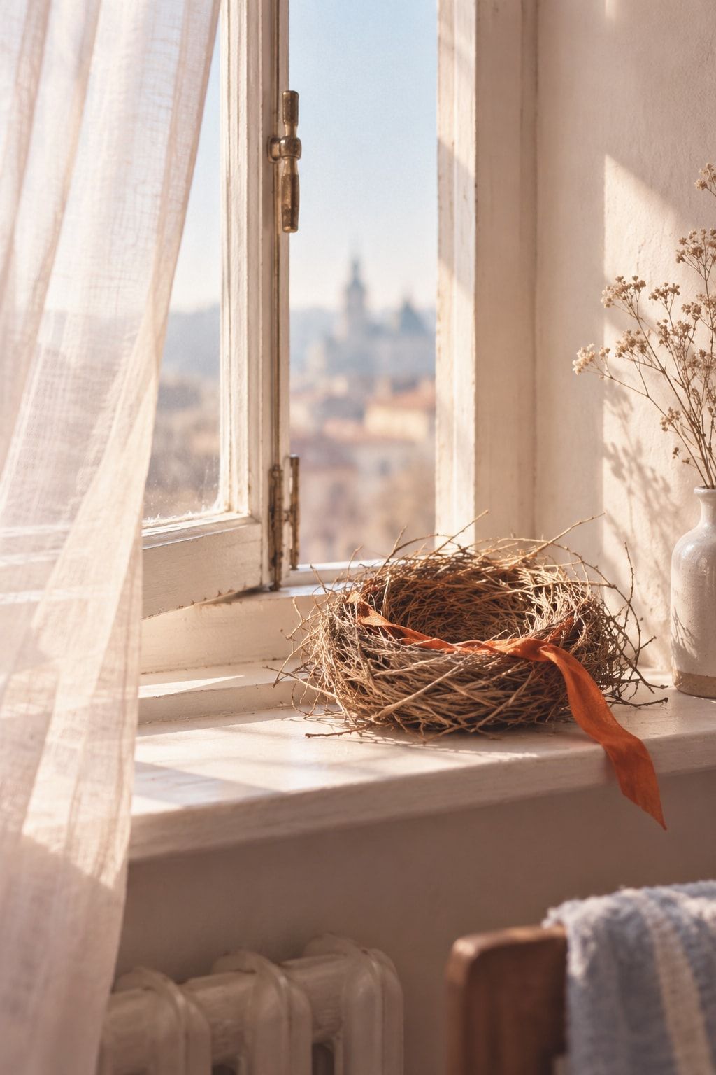 Пустое птичье гнездо с оранжевой лентой лежит на подоконнике у открытого окна с лёгкой занавеской.